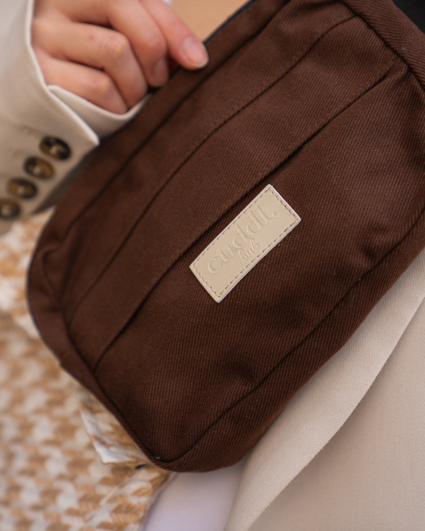 Beige Houndstooth Carrier with Brown Essentials Pouch